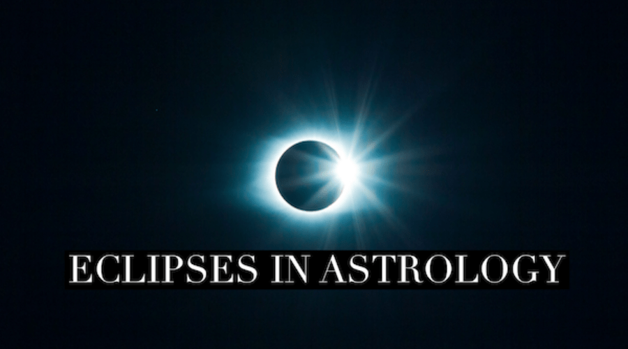 Solar eclipse with a bright halo, illustrating the theme "Eclipses in Astrology."