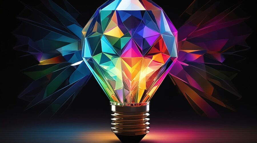 A colorful, faceted light bulb with vibrant hues radiates striking patterns against a dark background