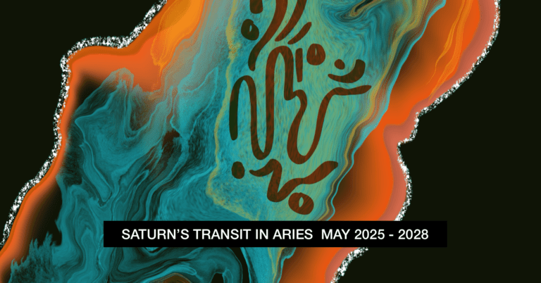 Colorful abstract design featuring the inscription "Saturn's Transit in Aries May 2025 - 2028," emphasizing astrology and planetary movements.