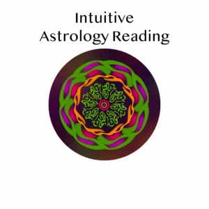 Colorful mandala design with intricate patterns, labeled "Intuitive Astrology Reading,"